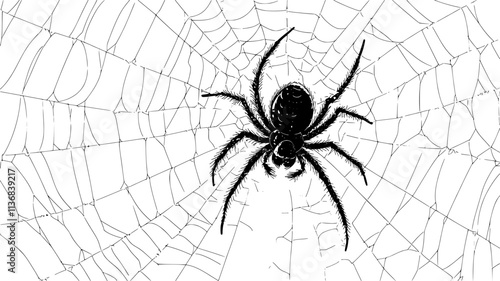 The spider crawls across its web, checking for vibrations indicating trapped prey, Animal Vector Graphic