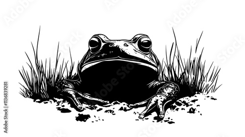 Toad resting in a small hollow in the ground, with just its head visible, Animal Vector Graphic