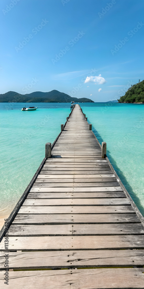 Fototapeta premium Scenic Wooden Boardwalk Over Pristine Turquoise Water Leading to Island