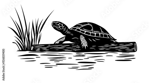 Turtle basking on a log protruding from a pond, Animal Vector Graphic