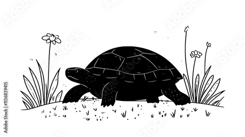 Turtle emerging from a hibernation burrow in spring, Animal Vector Graphic