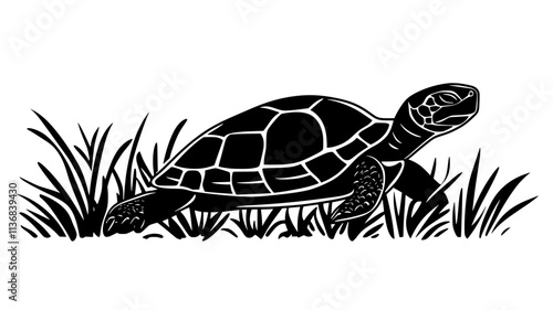 Turtle resting on a patch of grass, with its shell visible from a side angle, Animal Vector Graphic