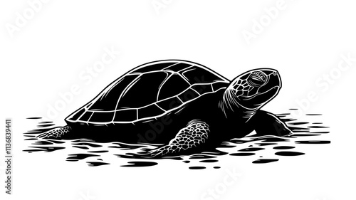 Turtle nestled in mud, shell partially submerged, head exposed, Animal Vector Graphic