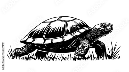 Turtle moving across a wide open plain, shell moving steadily forward, Animal Vector Graphic