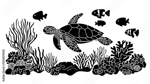 Turtle swimming in a coral reef with fish in the background, Animal Vector Graphic