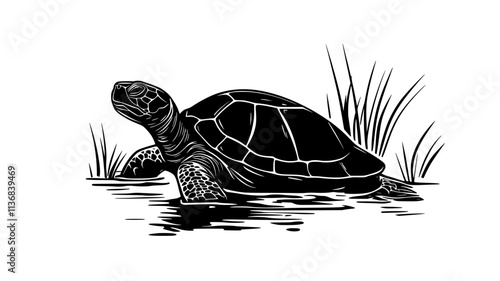 Turtle submerged halfway in a pond, with only its head and part of its shell visible, Animal Vector Graphic