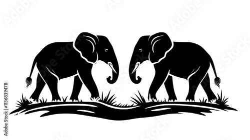 Two elephants walking along narrow trail, ears fanned out, Animal Vector Graphic