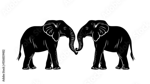 Two elephants standing close, trunks touching in interaction, Animal Vector Graphic
