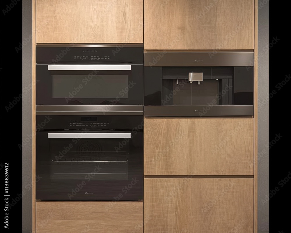 Fototapeta premium Modern kitchen appliances in a sleek wood panel setting, featuring a black coffee machine and two ovens.