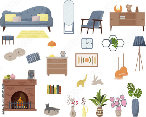 A set of elements for decorating the interior of a bedroom or living room. Bed, wardrobe with mirror, bedside table, floor lamp and lamps. Window and shelves for decoration, figurines and flowers