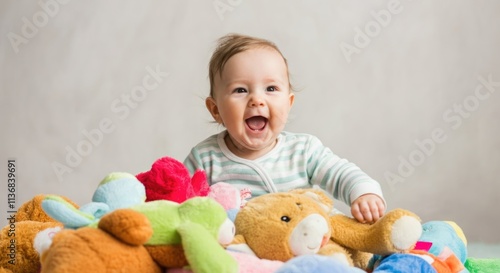 Caucasian baby playing with colorful stuffed animals and smiling happily