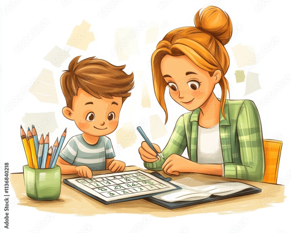 A cheerful Caucasian mother and her young son engaged in a fun learning activity at home. A cheerful Caucasian mother and her young son engaged in a fun learning activity at home.
