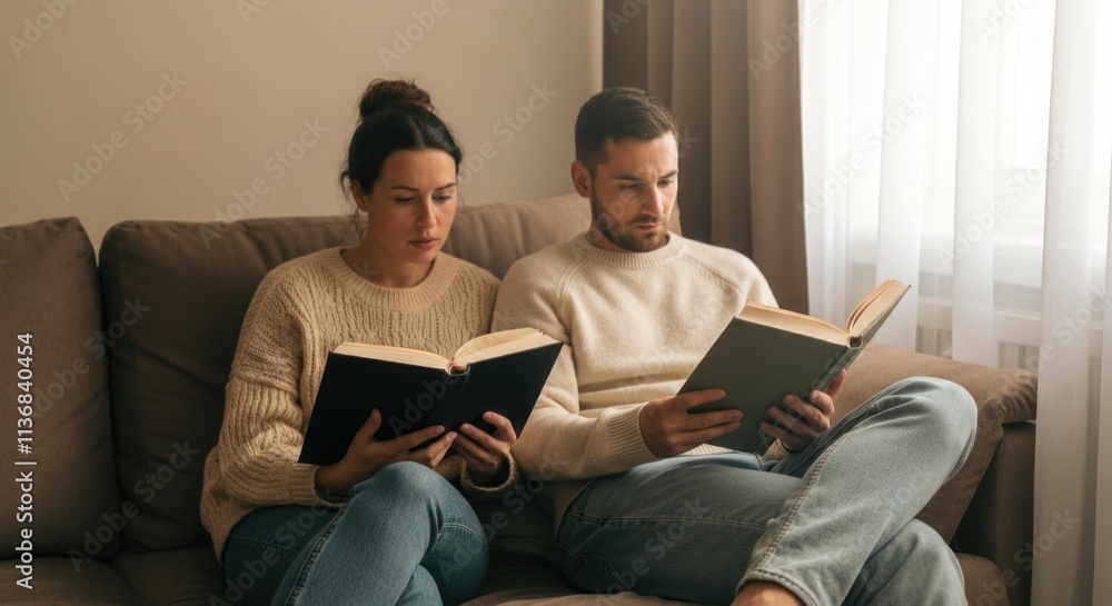 Young caucasian couple reading books on a couch at home Young caucasian couple reading books on a couch at home