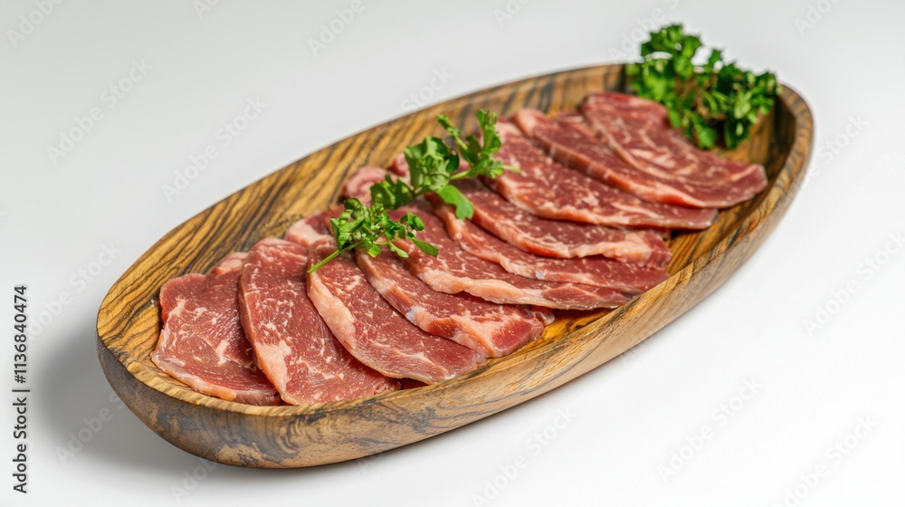A beautiful wooden platter adorned with artisan slices of meat, perfect for charcuterie lovers and gourmet presentations. A beautiful wooden platter adorned with artisan slices of meat, perfect for charcuterie lovers and gourmet presentations.