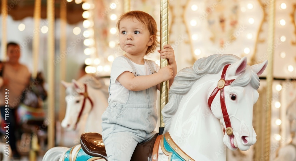 Young caucasian child enjoying a carousel ride on a white horse Young caucasian child enjoying a carousel ride on a white horse