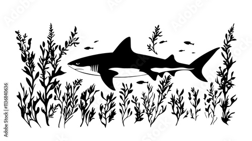 Shark swimming through kelp forest near the coastline, Animal Digital Art