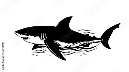 Shark swimming in deep water, moving forward with steady strokes of tail, Animal Digital Art
