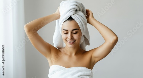 Young hispanic woman smiling with towel wrapped hair