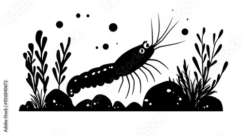 Shrimp exploring rocky underwater environment, moving slowly, Animal Digital Art