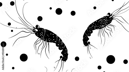 Shrimp larvae floating in plankton under microscope, Animal Digital Art