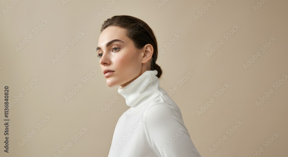 Young caucasian female in white turtleneck with neutral background Young caucasian female in white turtleneck with neutral background