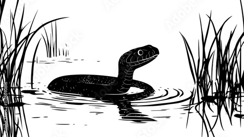Snake swimming across the surface of a pond with its head up, Animal Digital Art