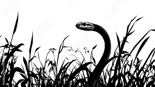 Snake slithering through tall grass, only part of its body visible through the foliage, Animal Digital Art