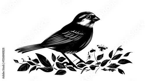 Sparrow foraging for insects in leaf litter on the ground, Animal Digital Art