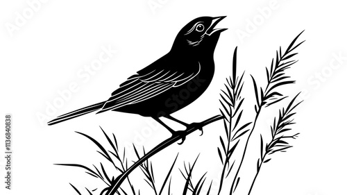 Song sparrow perched on a reed, singing with its beak open, Animal Digital Art