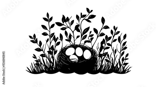 Sparrow nest with eggs hidden in dense shrub, Animal Digital Art