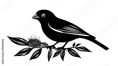 Sparrow gathering nesting material in beak from the ground, Animal Digital Art