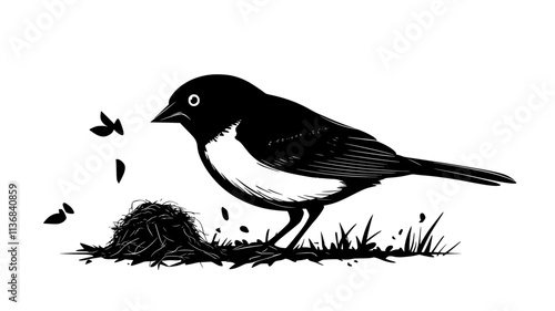 Sparrow gathering nesting material in beak from the ground, Animal Digital Art
