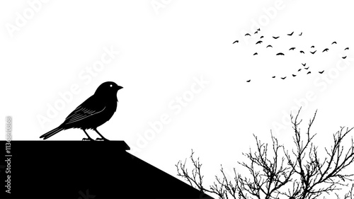 Sparrow standing on a roof, looking out over the surrounding landscape, Animal Digital Art