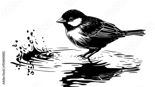 Sparrow splashing in a shallow puddle for a bath, Animal Digital Art