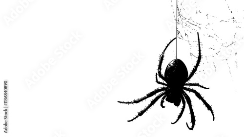 A spider hangs upside down from a silk thread, delicately moving along its web, Animal Digital Art