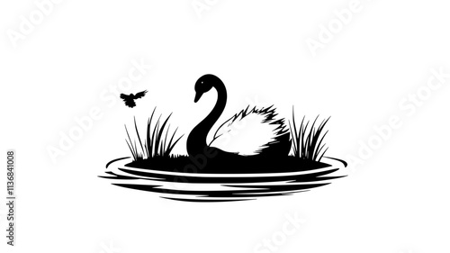 Swan swims in a circle around a small island, staying close to the shoreline, Animal Digital Art
