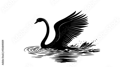 Swan rises from the water, its feet pushing off the surface, wings flapping, Animal Digital Art