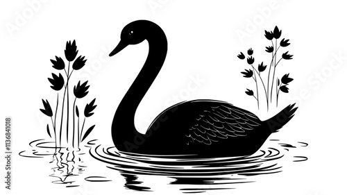 Swan using long neck to forage underwater for plants, Animal Digital Art