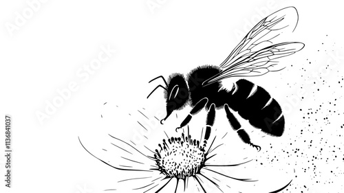 The bee crawls across the petals of a flower, brushing against pollen grains, Animal Digital Art