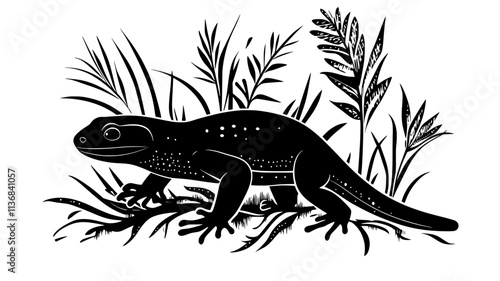 Terrestrial newt crawling through leaf litter on forest floor, Animal Digital Art