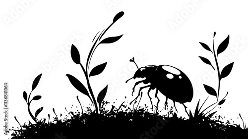 The beetle pauses at the base of a plant before continuing its climb, Animal Digital Art