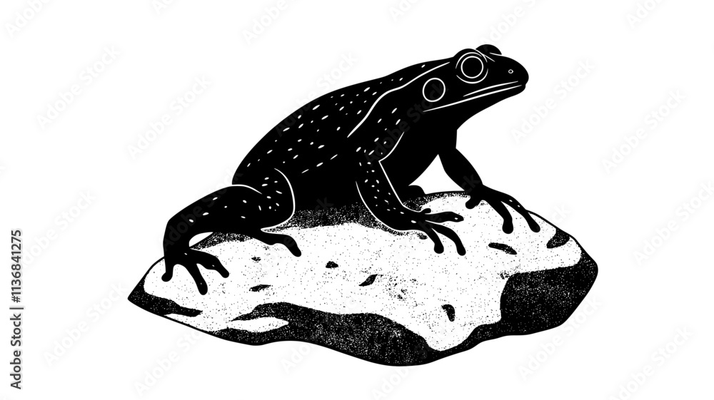 Naklejka premium Toad perched on a large stone, facing to the side, front legs raised slightly, Animal Digital Art