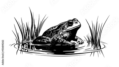 Toad crouched near a small pond, partially submerged in shallow water, Animal Digital Art