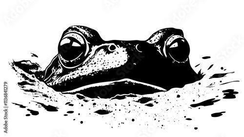 Toad partially buried in sand with only its eyes and top visible, Animal Digital Art