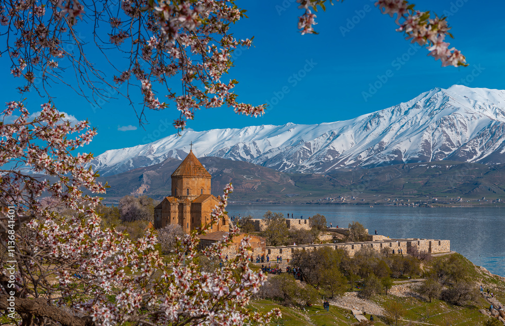 Akdamar Island in Van Lake. The Armenian Cathedral Church of the Holy Cross - Akdamar, Turkey