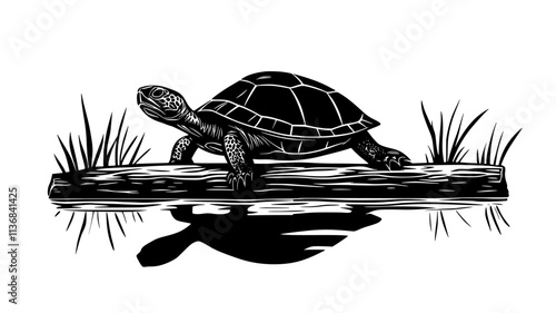 Turtle basking on a log protruding from a pond, Animal Digital Art