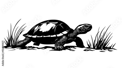 Turtle crawling toward water, with its legs moving steadily over uneven terrain, Animal Digital Art
