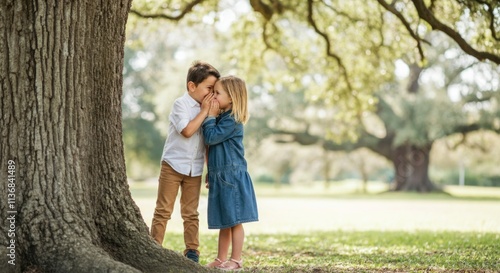 Young caucasian children whispering secrets under a tree in a park setting