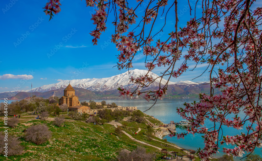 Akdamar Island in Van Lake. The Armenian Cathedral Church of the Holy Cross - Akdamar, Turkey