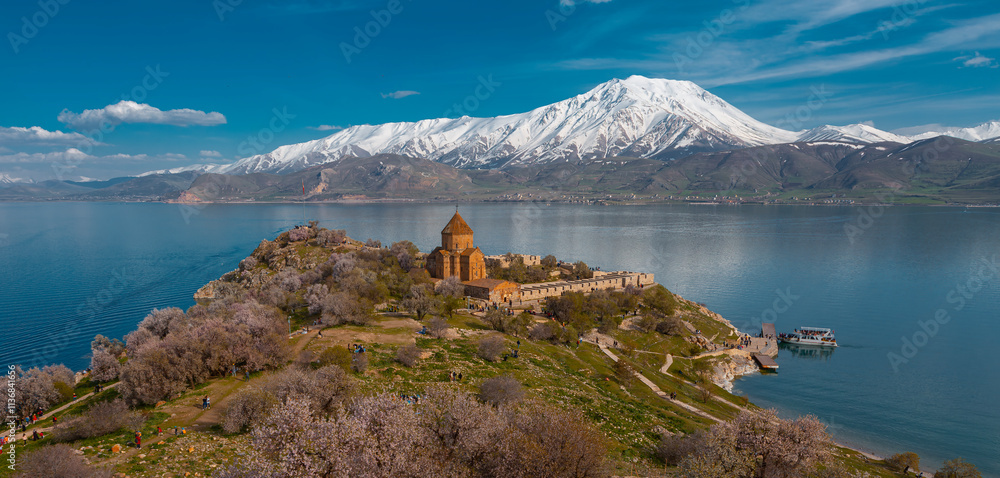 Akdamar Island in Van Lake. The Armenian Cathedral Church of the Holy Cross - Akdamar, Turkey